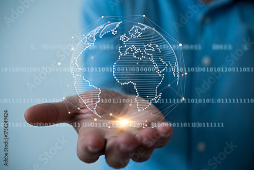 Global technology network connection concept digital earth on hand for business and innovation 100