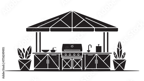 Sleek outdoor kitchen pavilion with modern grill, sink, and cabinetry, accented by potted plants, perfect for entertaining and culinary adventures