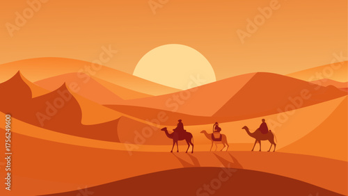 Camels and riders in a desert landscape