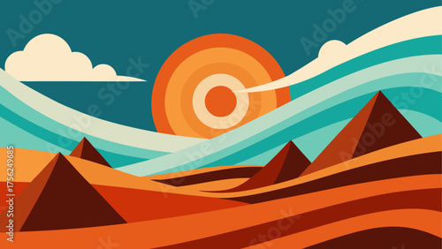 Pyramids and sun in a desert landscape art