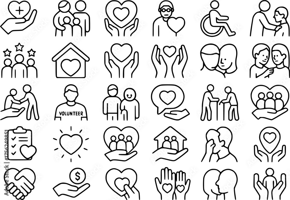 Fototapeta premium Vector outline, icon pack, icon sheet, social care theme