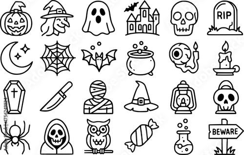 Vector outline, icon pack, icon sheet, halloween theme, interesting