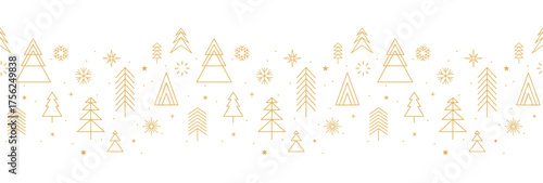 Christmas tree border, gold holidays banner, winter pattern