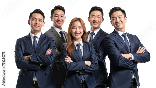 Professional group portrait of five individuals in business attire, showcasing confidence and teamwork