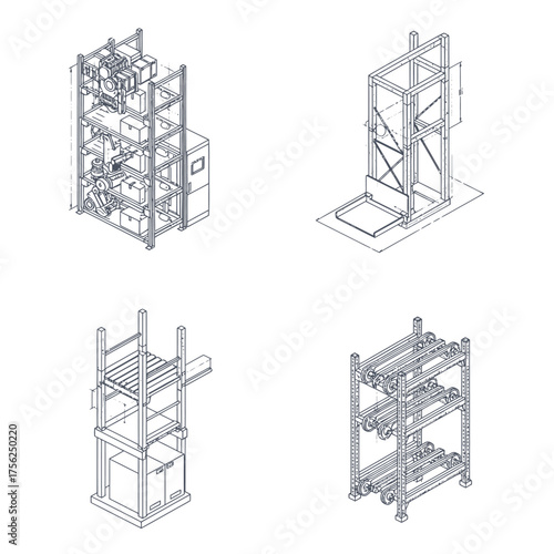 A detailed isometric line art illustration showcasing various advanced industrial warehouse storage and automated material handling systems designed for efficient logistics operations.