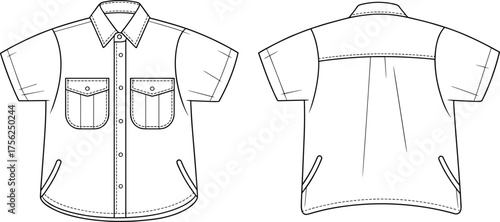 Technical flat sketch vector illustration of a short-sleeve work shirt with collar and chest flap pockets, front and back view for apparel design, uniform templates, and casual wear production.