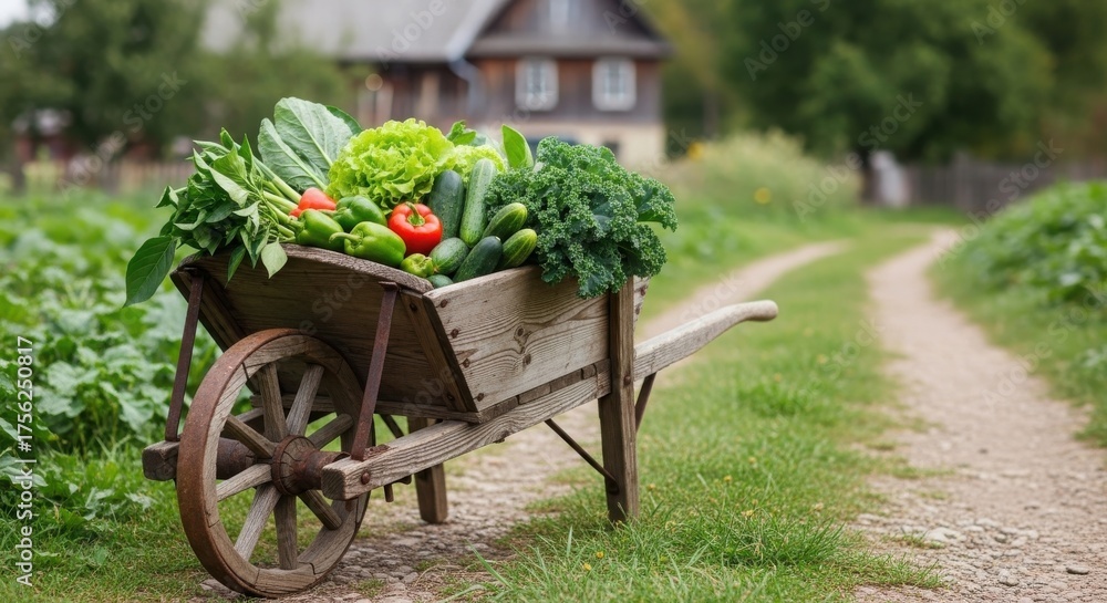 Fototapeta premium Rustic wooden cart overflowing with fresh organic vegetables on a dirt path
