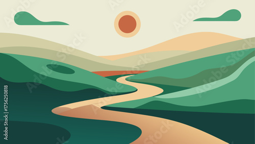 Landscape view with winding road and sun