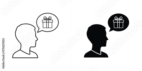Vector art of thought bubble with gift box icon above silhouette of a persons head