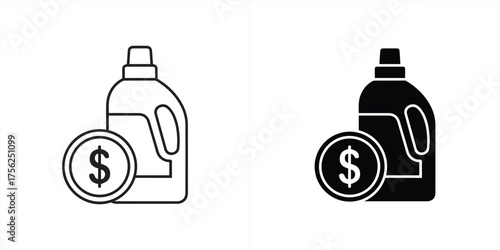 Vector art of bottle with dollar coin symbol, representing cost of cleaning product