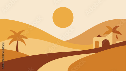 A desert landscape with sun and building