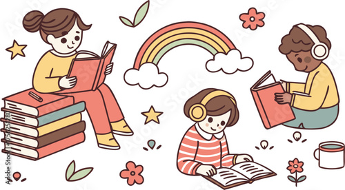 Big creative set illustrations for World Book Day. Collection cute Kids reading books and enjoying literature in a playful doodle style. cozy clip art with books, stack of book, people reading books, 