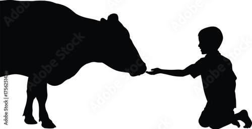 Wallpaper Mural Cow interaction silhouette cartoon illustration, symbolic rural care and human-animal connection artwork for lifestyle and symbolic design Torontodigital.ca