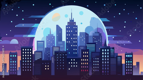 City skyline at night with a full moon glow