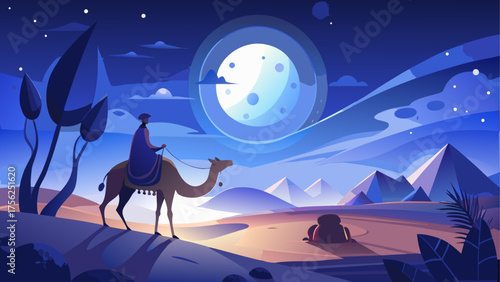 Camel rider at night with moon pyramids