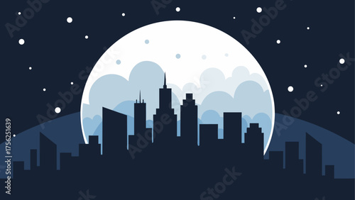 City skyline silhouette against full moon