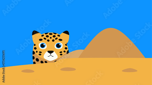 Cartoon jaguar peeking over a sand dune