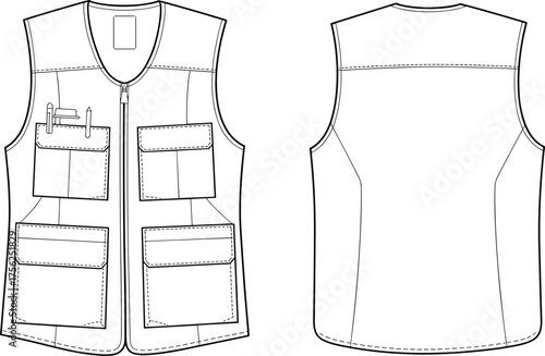 Technical flat sketch vector of a classic field jacket with a collar, button closure, and four flap pockets, front and back view for apparel design and fashion specification templates.