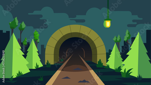 Cartoon tunnel entrance at night scenery
