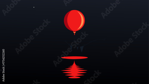 Red balloon floating over dark water scene