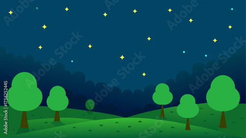 Cartoon landscape with trees and stars sky