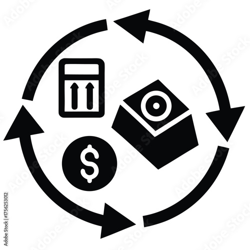 Money flow circle with dollar coin stack and arrow diagram