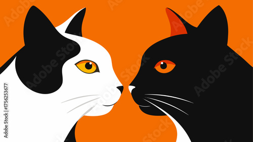Two cats facing each other on orange back