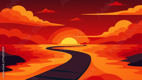 Sunset over water with a winding pathway