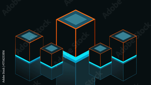 Isometric view of glowing cubes arrangement