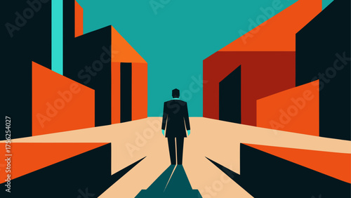 Person walking towards abstract buildings