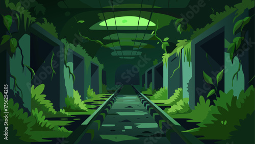 Overgrown subway tunnel with green light