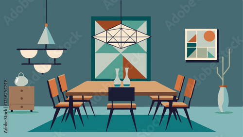 A dining room with a mix of vintage and modern elements such as a reclaimed wood table vintage metal chairs and a modern geometric chandelier.