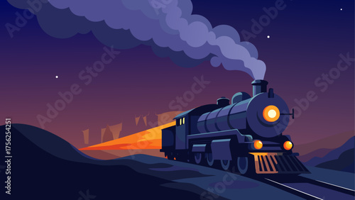 A steam train at night in a dark landscape