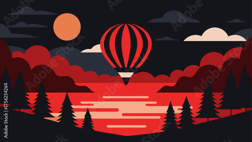 Hot air balloon over the lake landscape