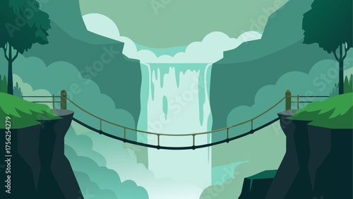 Illustration of a bridge over a waterfall