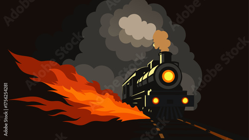 A steam train engulfed in flames and smoke