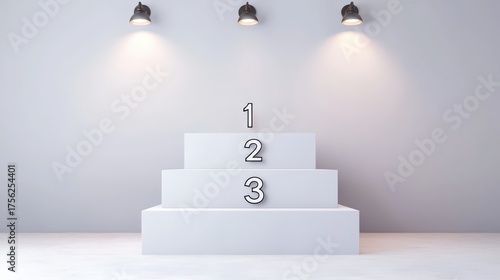 A minimalist podium with three tiers, labeled 1, 2, and 3, illuminated by spotlights against a neutral background.