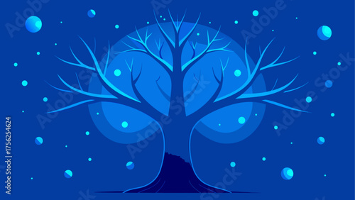 Stylized blue tree with floating orbs art
