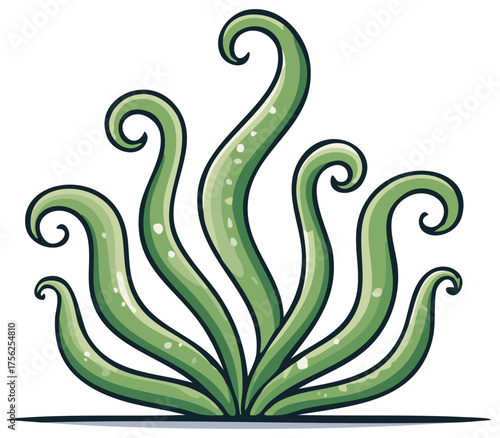 Cartoon tentacles illustration with rounded tips and suction cups in green color