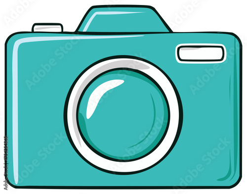 Fun cartoon style teal camera with white accents and a large lens for photography