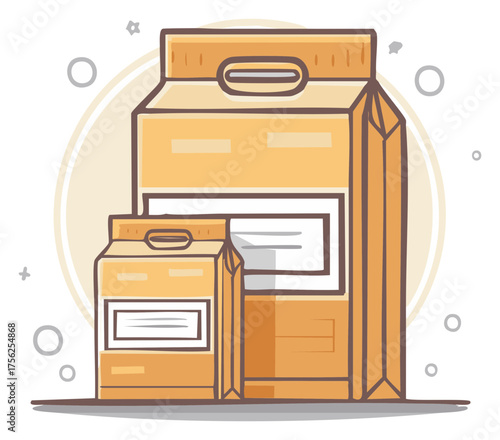 Stylized illustration of various packaged goods, including boxes and cartons in warm hues.
