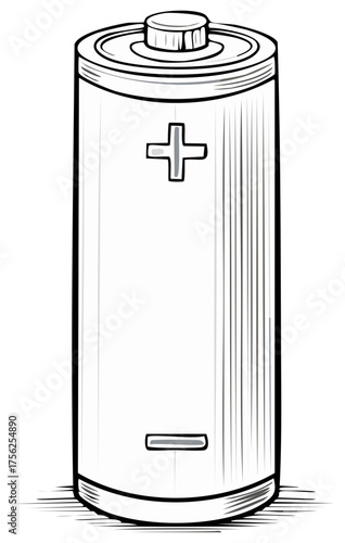 Simple line art drawing of a cylindrical battery with positive and negative terminals
