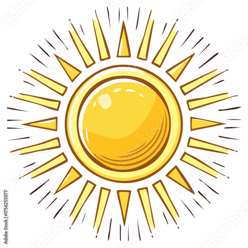 Bright yellow cartoon sun illustration with radiating light rays and doodle style