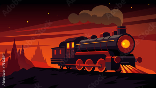 A train at sunset with mountain backdrop