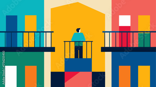 Person standing on colorful building balcony