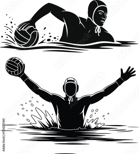 Water Polo Player Silhouette Set Throwing and Catching Ball in Action