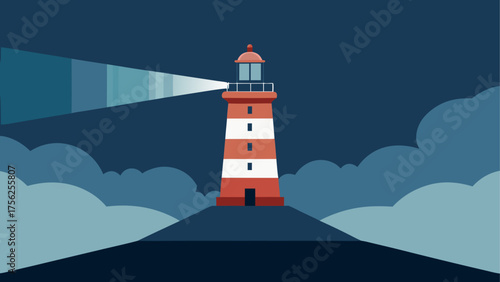 Lighthouse shining in the cloudy night sky