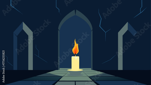 Candle burning in a dark gothic room scene