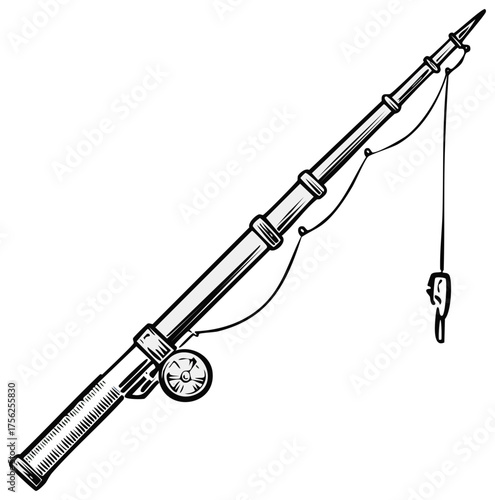 Retro fishing rod with reel and hook line art illustration