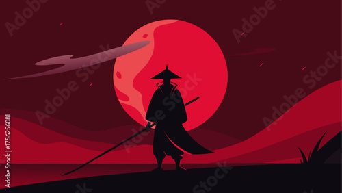 Silhouette samurai against a red moon sky